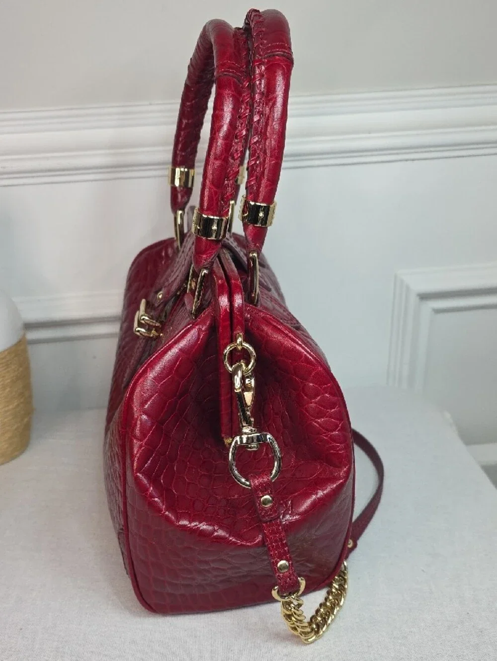 Cole Haan Vintage Red Croc-Embossed Satchel with Gold Hardware